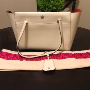 Tory Burch White/Orange Parker Tote - image 1